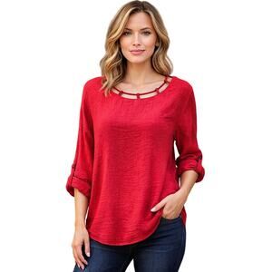 UMGEE guaze crinkle red cut out collar top holiday Christmas roll tab tunic M